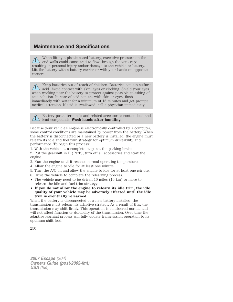 Maintenance and specifications | FORD 2007 Escape v.1 User Manual | Page 250 / 288