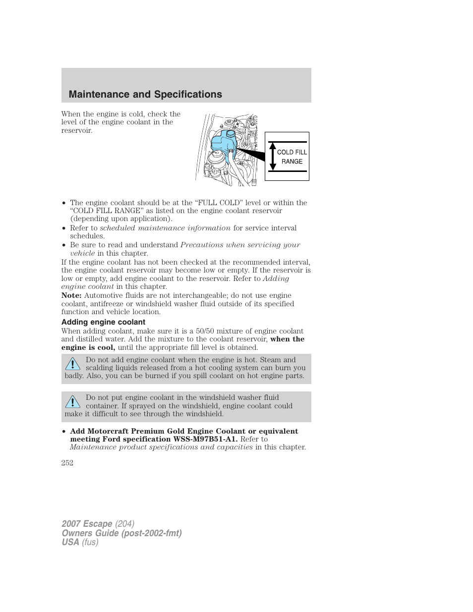 Adding engine coolant, Maintenance and specifications | FORD 2007 Escape v.1 User Manual | Page 252 / 288