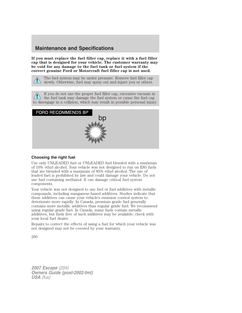 Choosing the right fuel, Maintenance and specifications | FORD 2007 Escape v.1 User Manual | Page 260 / 288