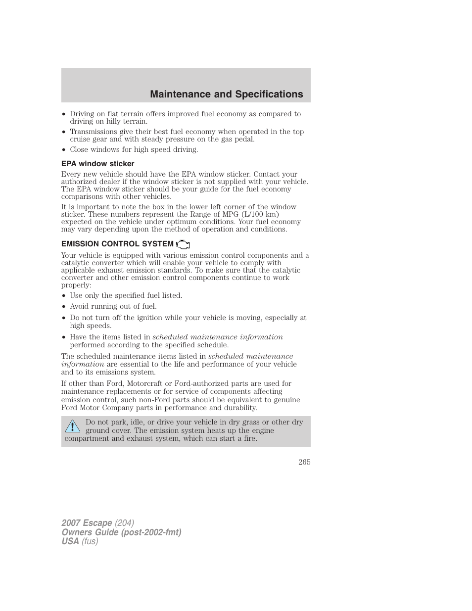 Epa window sticker, Emission control system, Maintenance and specifications | FORD 2007 Escape v.1 User Manual | Page 265 / 288