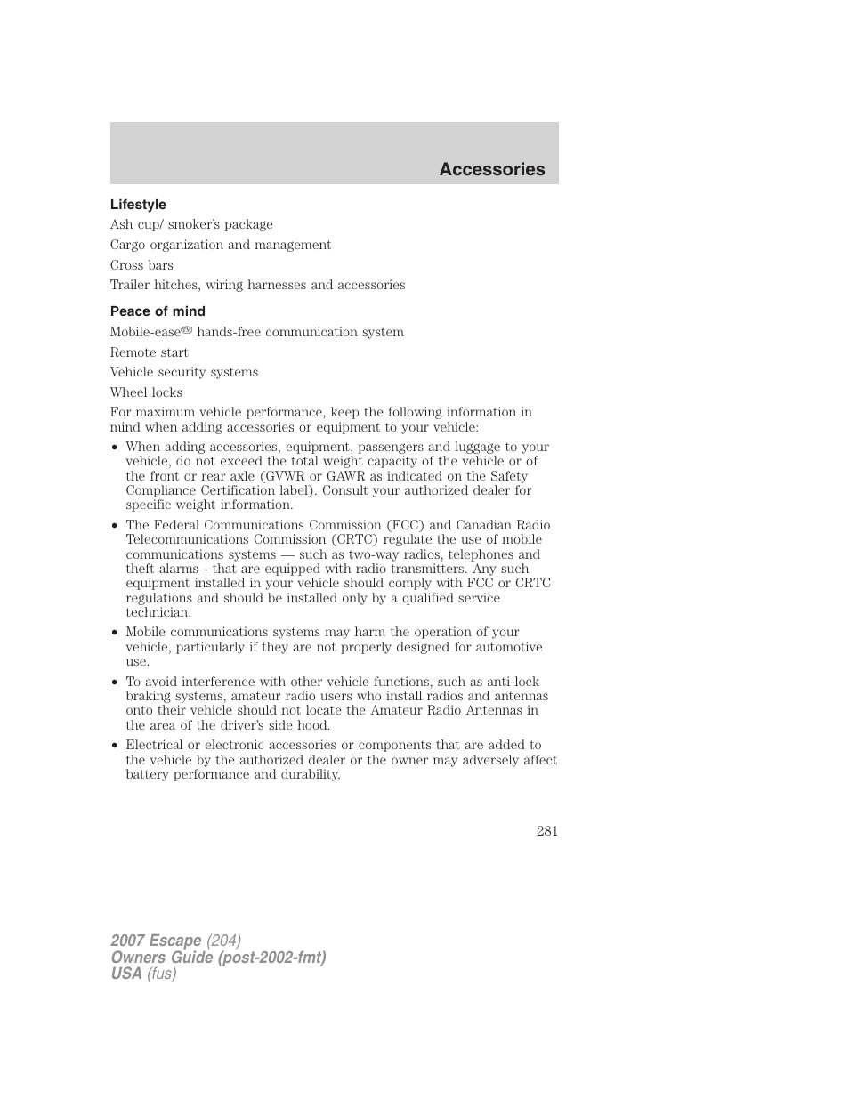 Lifestyle, Peace of mind, Accessories | FORD 2007 Escape v.1 User Manual | Page 281 / 288