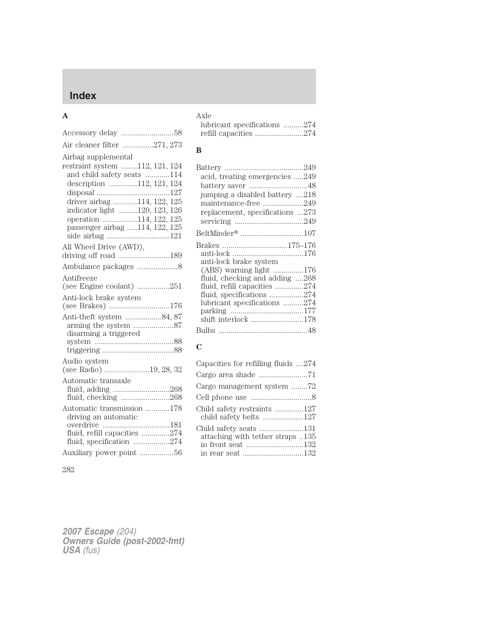 Index | FORD 2007 Escape v.1 User Manual | Page 282 / 288
