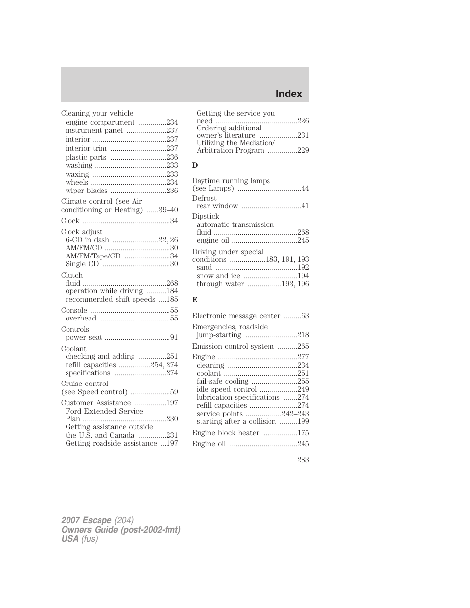 Index | FORD 2007 Escape v.1 User Manual | Page 283 / 288