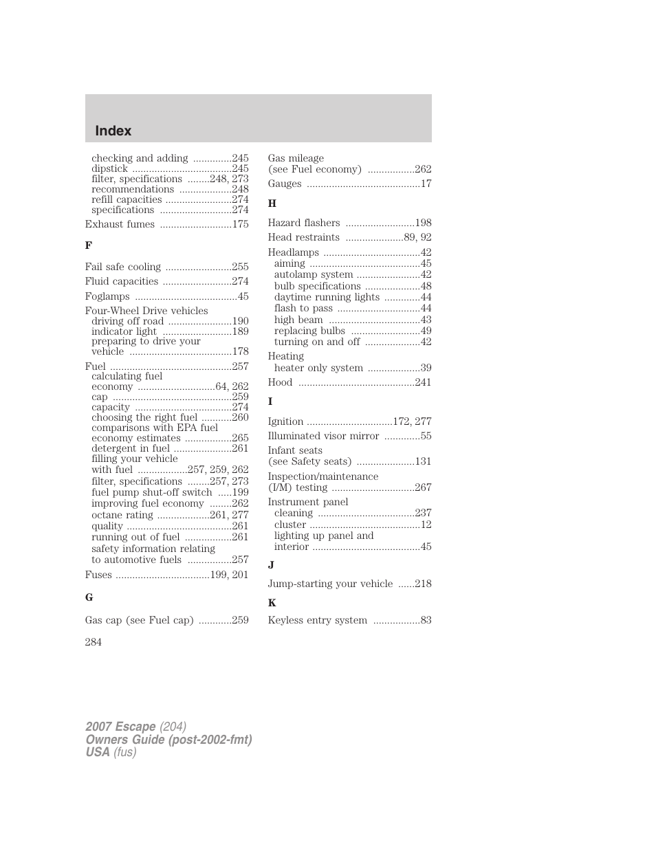 Index | FORD 2007 Escape v.1 User Manual | Page 284 / 288