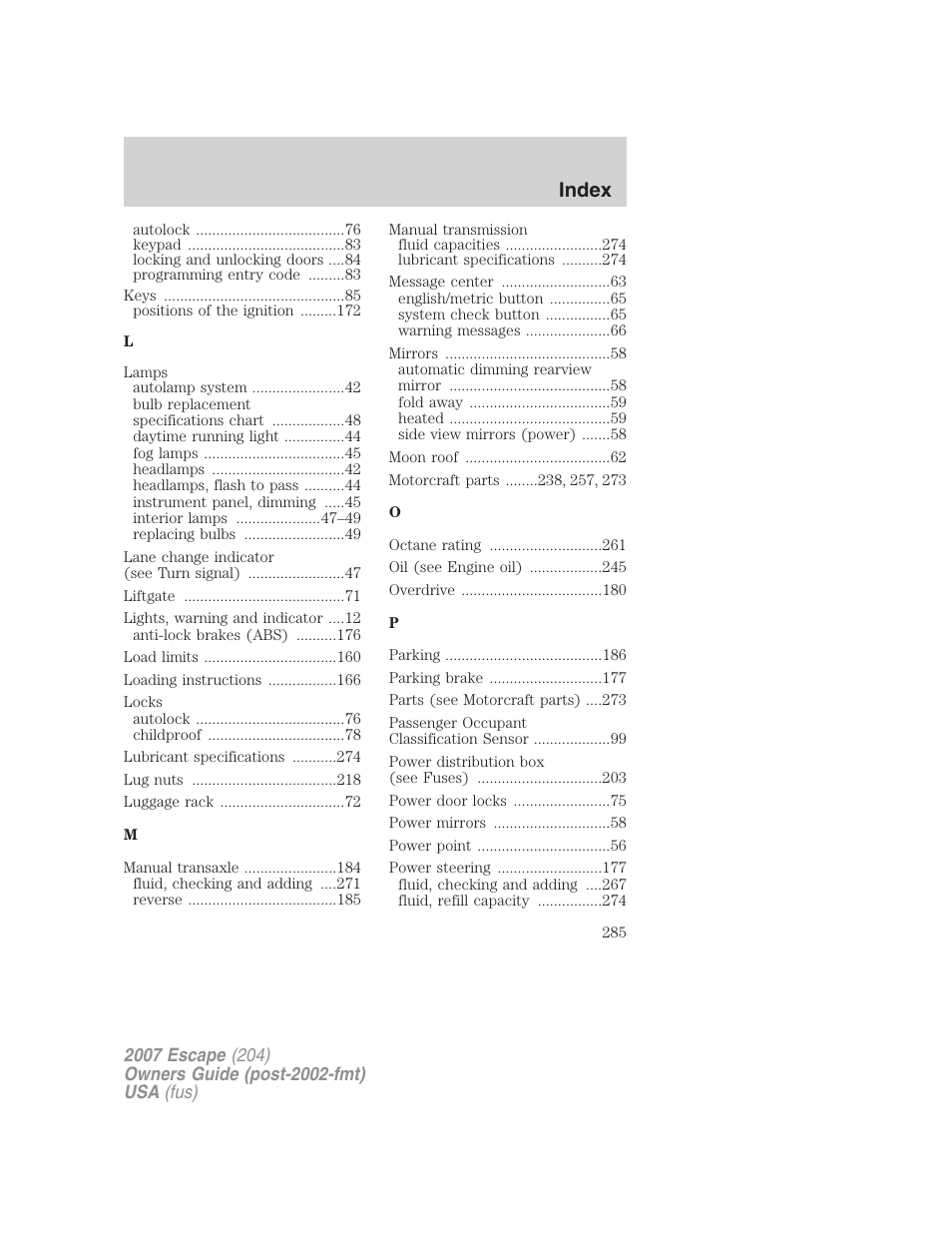 Index | FORD 2007 Escape v.1 User Manual | Page 285 / 288