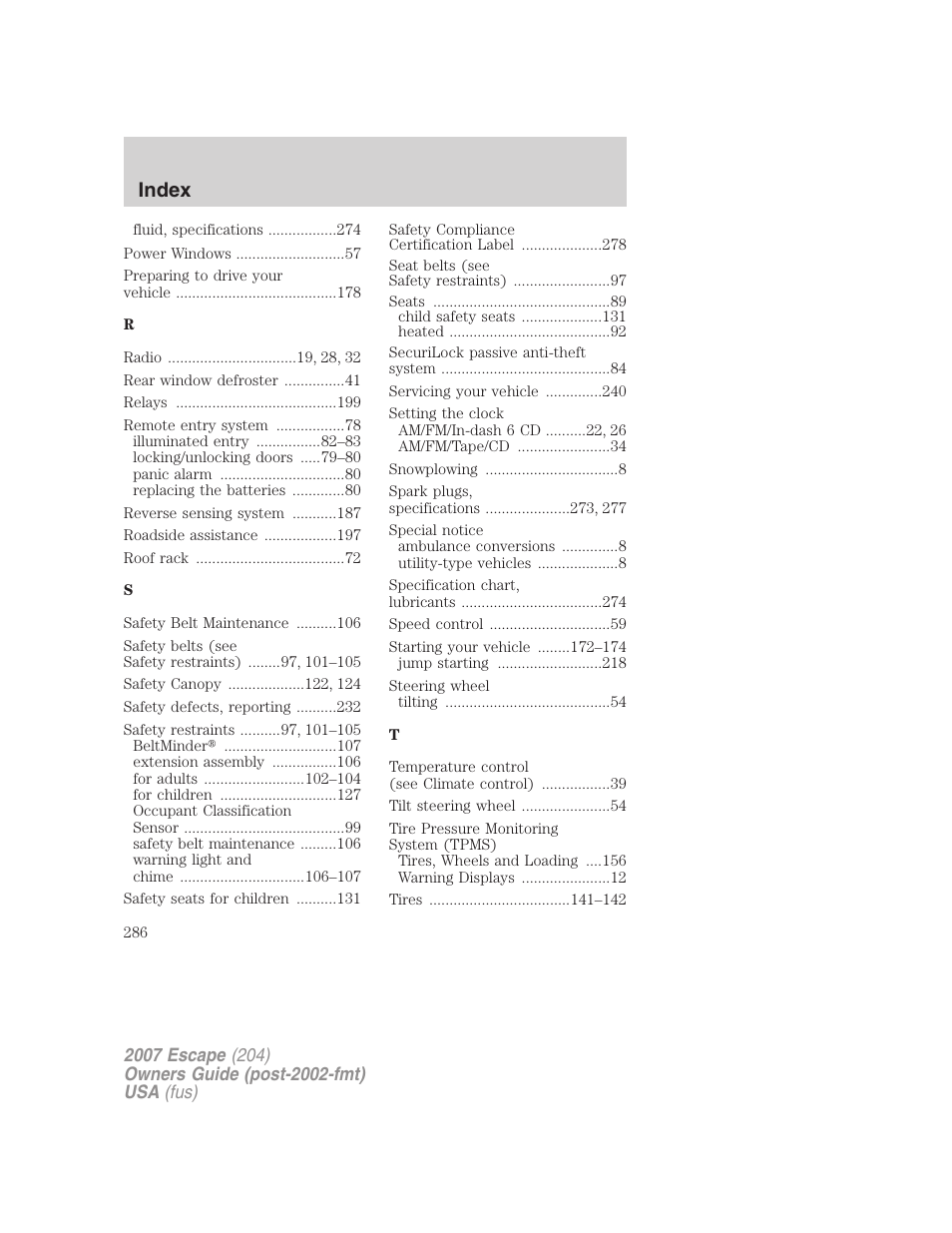 Index | FORD 2007 Escape v.1 User Manual | Page 286 / 288