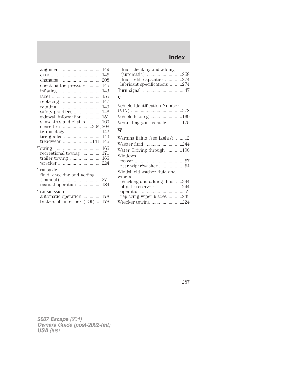 Index | FORD 2007 Escape v.1 User Manual | Page 287 / 288