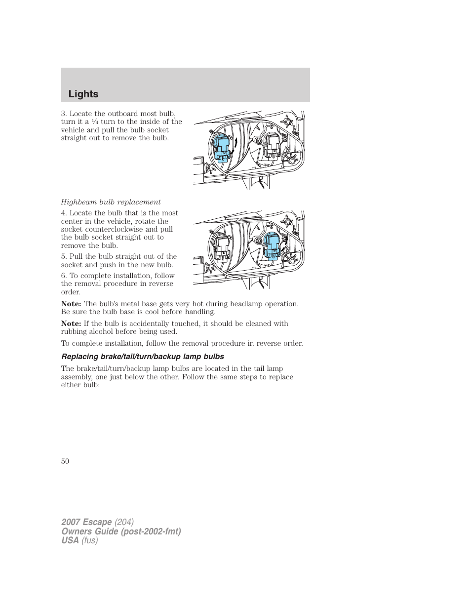 Replacing brake/tail/turn/backup lamp bulbs, Lights | FORD 2007 Escape v.1 User Manual | Page 50 / 288