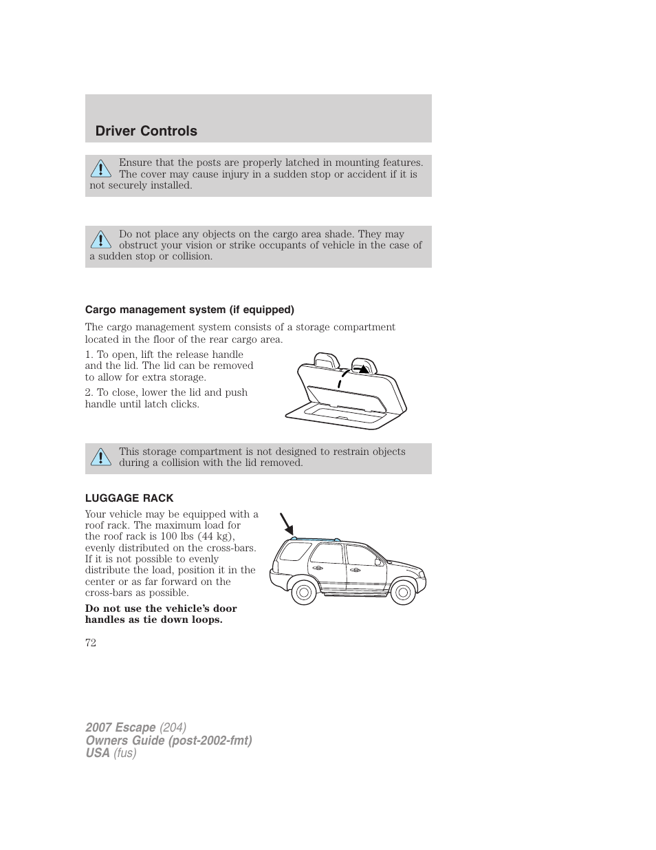 Cargo management system (if equipped), Luggage rack, To adjust the cross-bar (if equipped) position | Driver controls | FORD 2007 Escape v.1 User Manual | Page 72 / 288