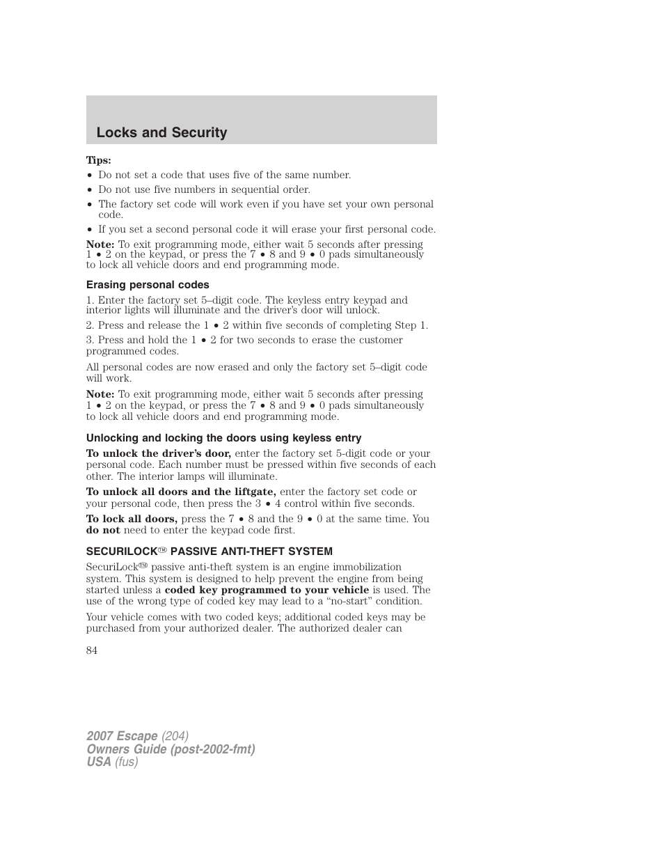Erasing personal codes, Securilock passive anti-theft system, Anti-theft system | Locks and security | FORD 2007 Escape v.1 User Manual | Page 84 / 288