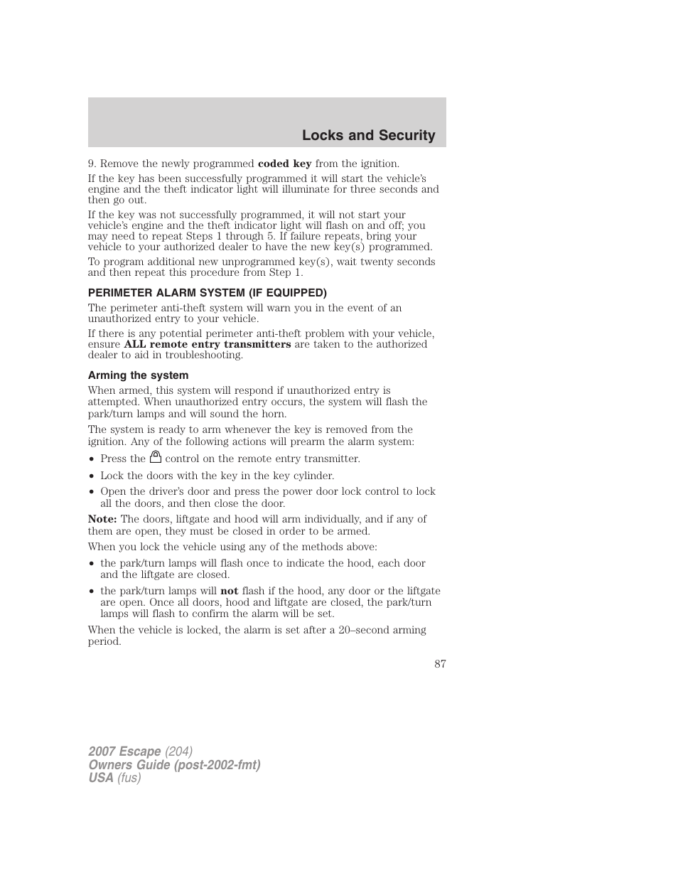 Perimeter alarm system (if equipped), Arming the system, Locks and security | FORD 2007 Escape v.1 User Manual | Page 87 / 288