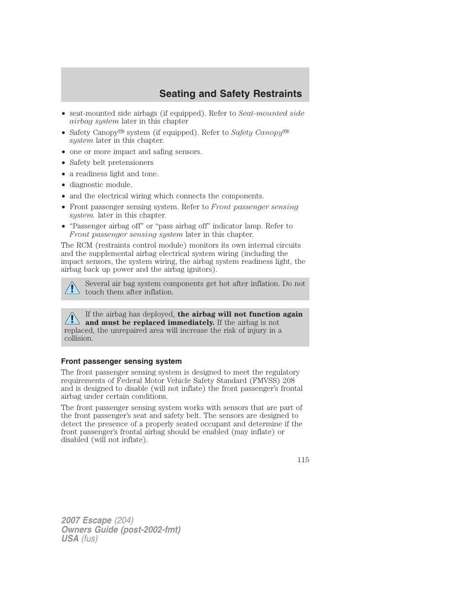 Front passenger sensing system, Seating and safety restraints | FORD 2007 Escape v.2 User Manual | Page 115 / 288