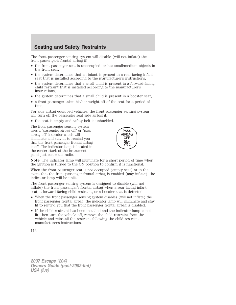 Seating and safety restraints | FORD 2007 Escape v.2 User Manual | Page 116 / 288