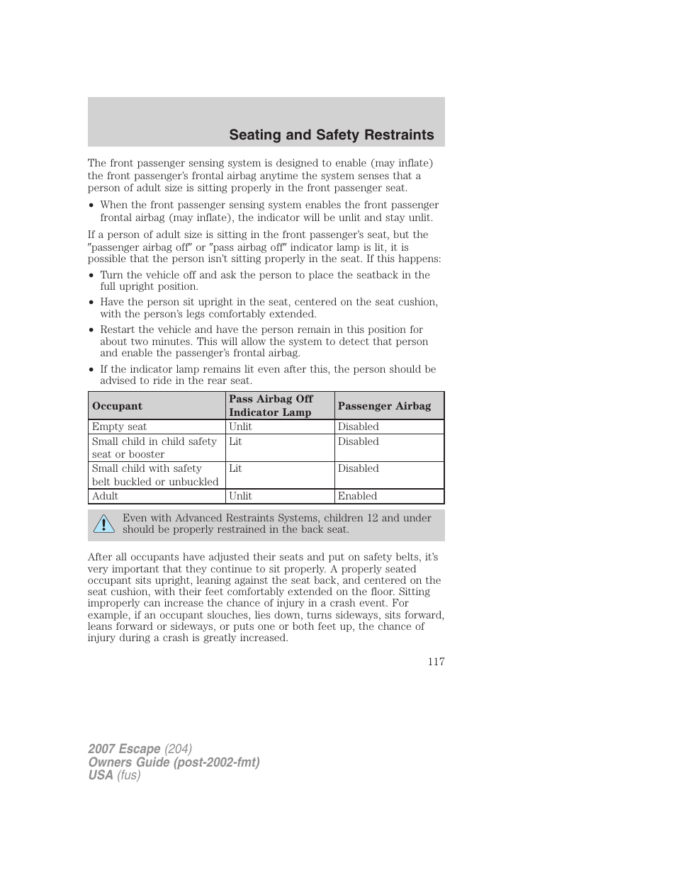 Seating and safety restraints | FORD 2007 Escape v.2 User Manual | Page 117 / 288