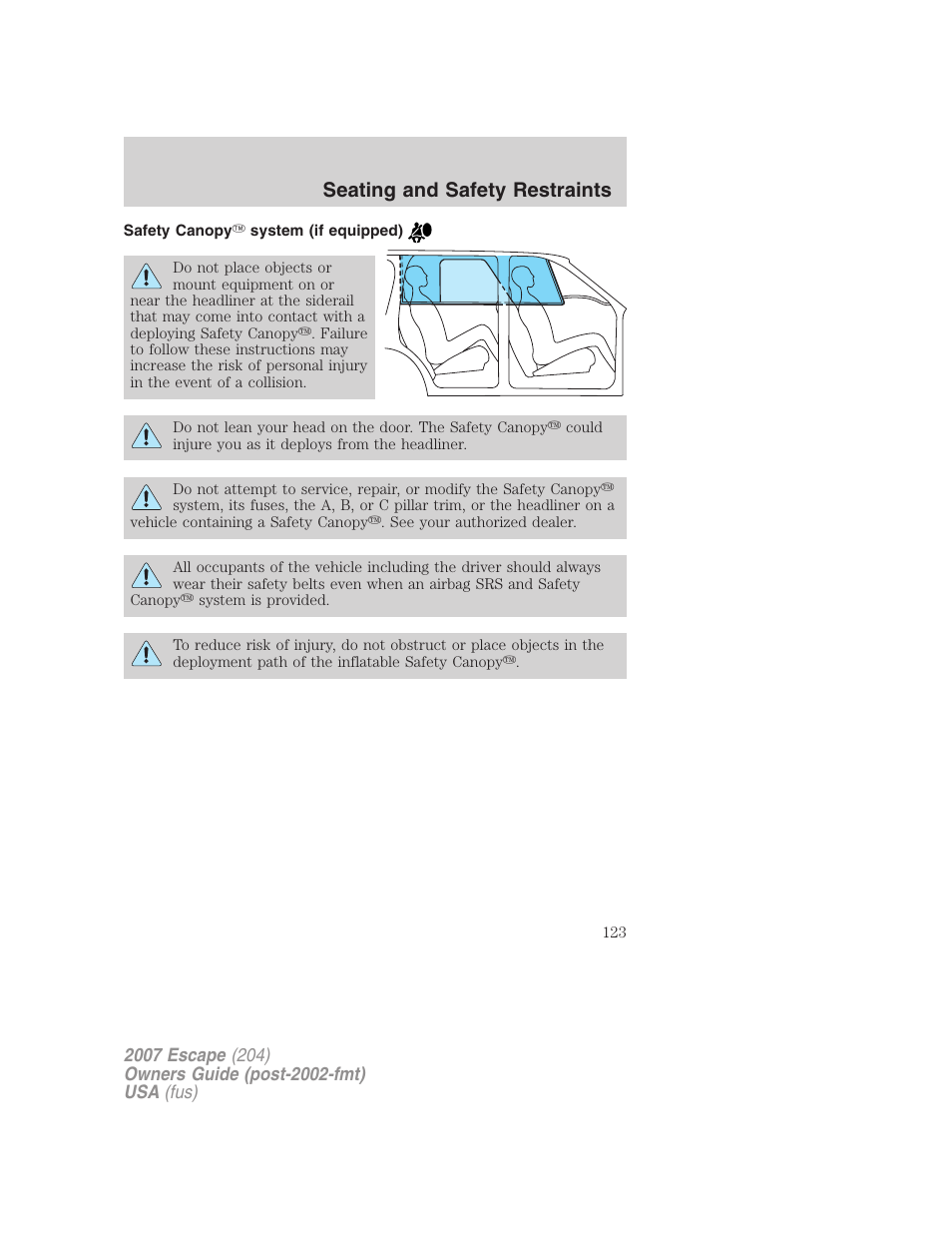 Safety canopy system (if equipped), Seating and safety restraints | FORD 2007 Escape v.2 User Manual | Page 123 / 288