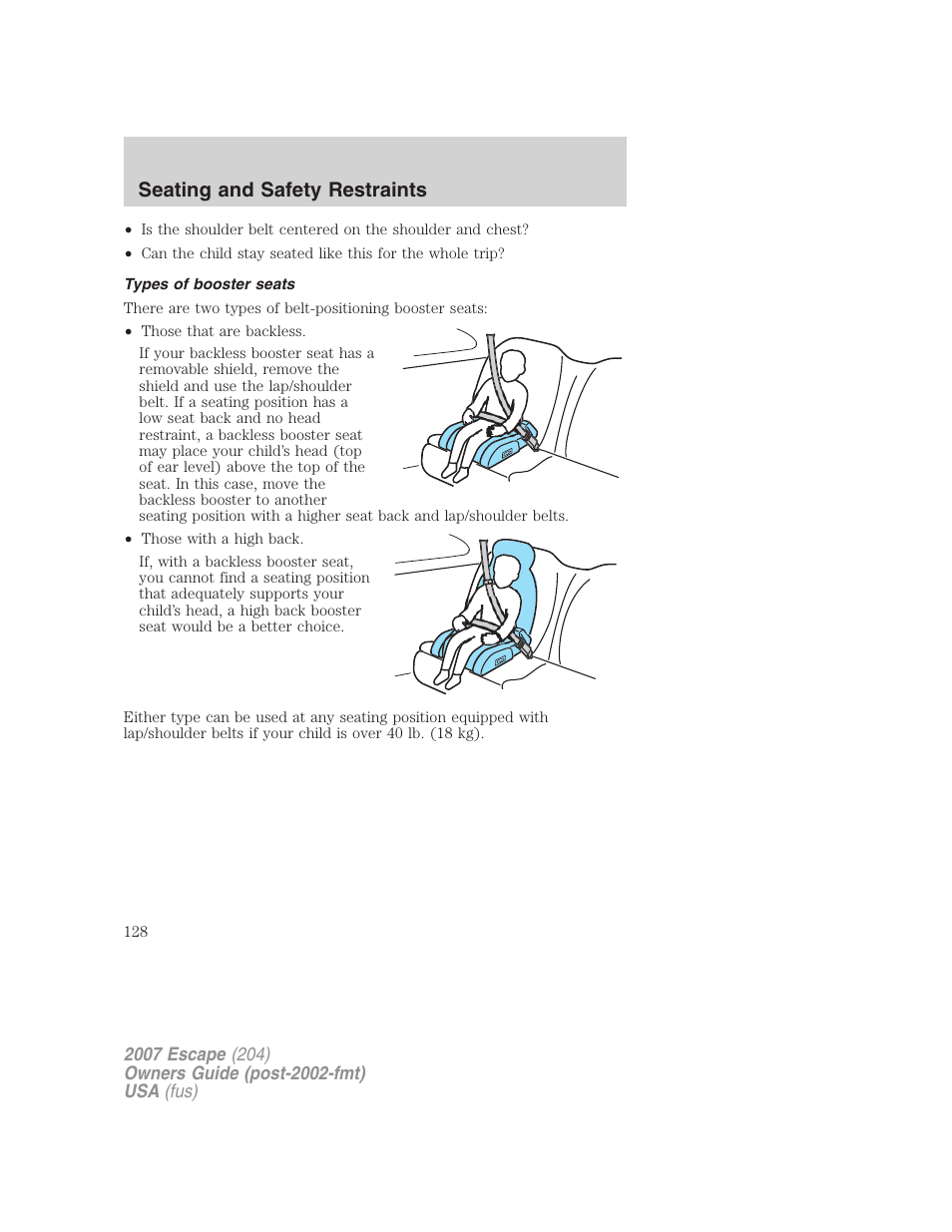 Types of booster seats, Seating and safety restraints | FORD 2007 Escape v.2 User Manual | Page 128 / 288