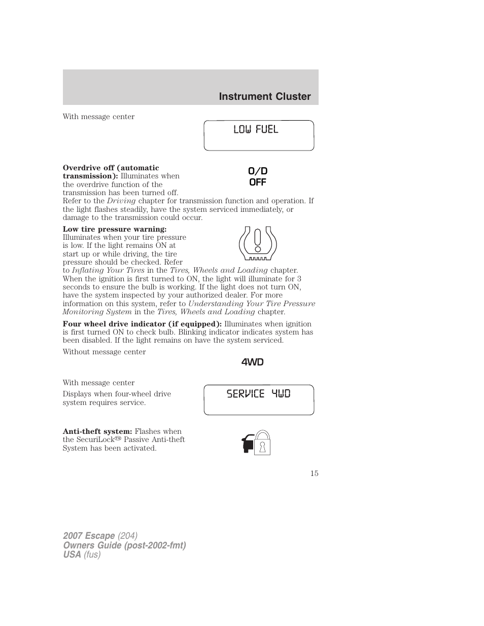 Instrument cluster | FORD 2007 Escape v.2 User Manual | Page 15 / 288