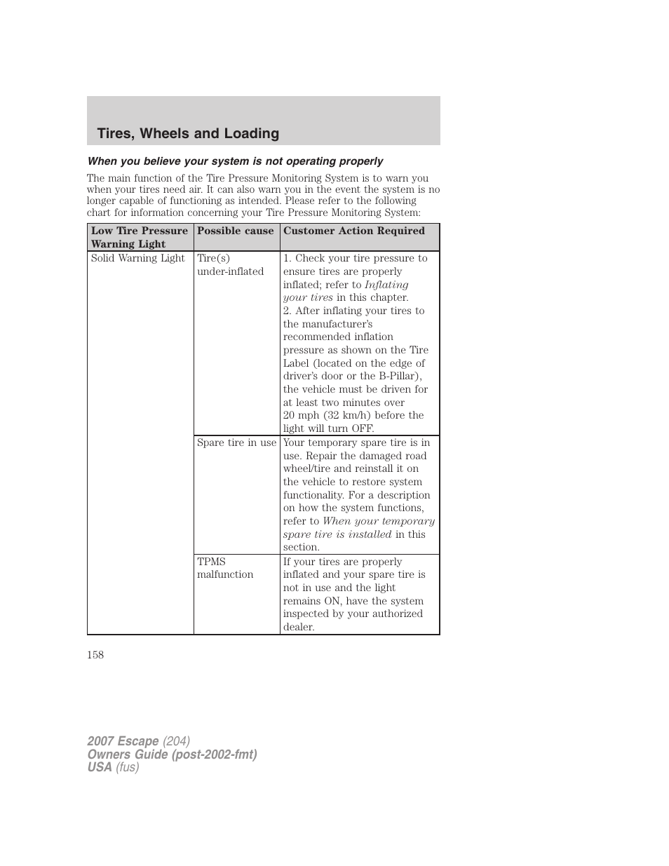 Tires, wheels and loading | FORD 2007 Escape v.2 User Manual | Page 158 / 288