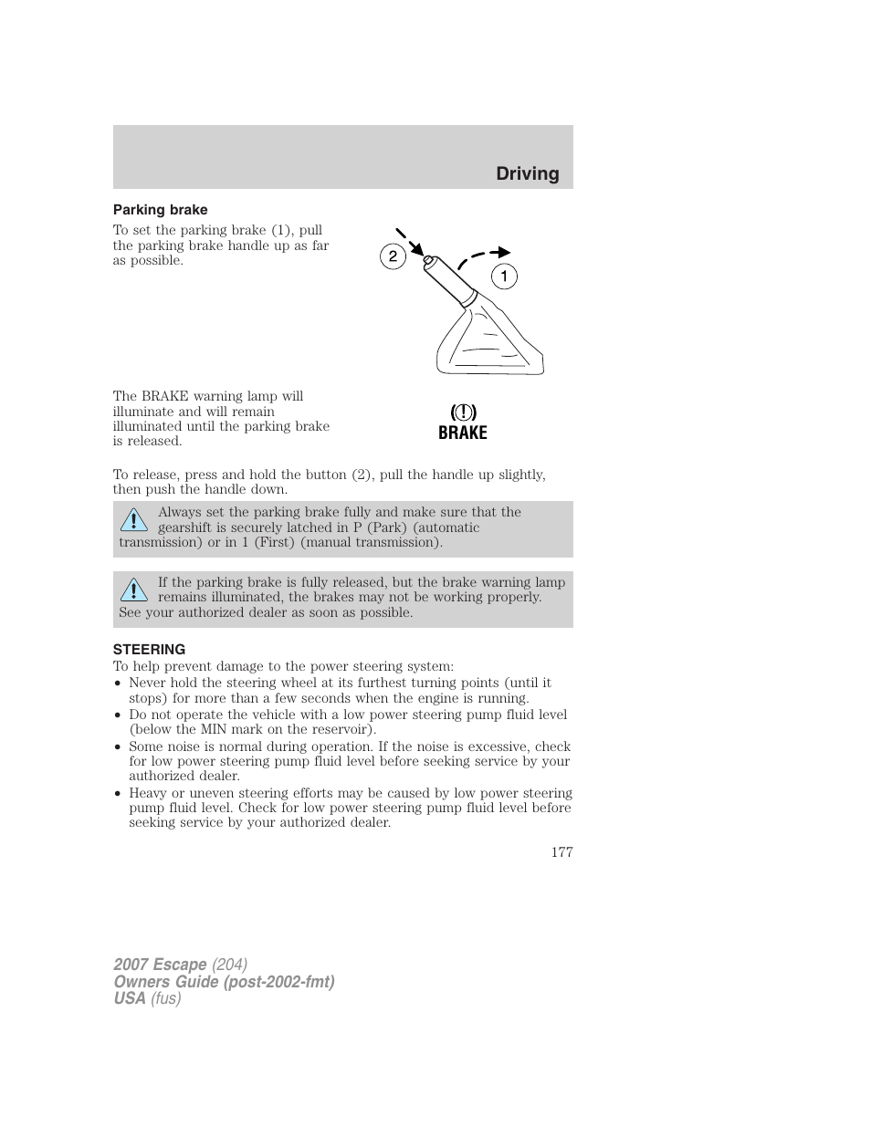 Parking brake, Steering, Driving | FORD 2007 Escape v.2 User Manual | Page 177 / 288