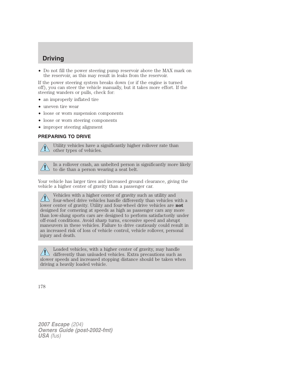 Preparing to drive, Driving | FORD 2007 Escape v.2 User Manual | Page 178 / 288