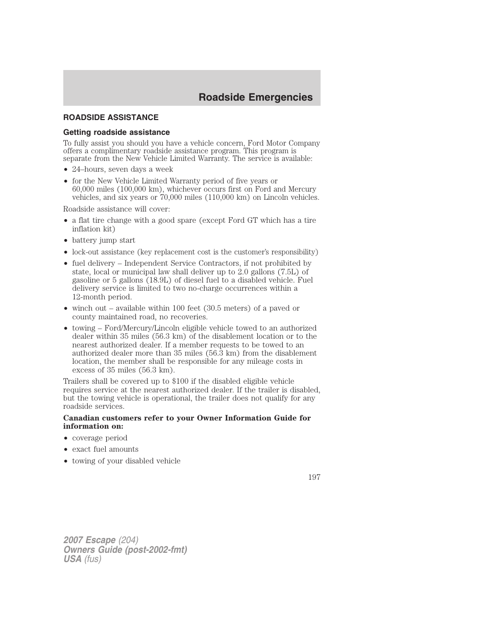 Roadside emergencies, Roadside assistance, Getting roadside assistance | FORD 2007 Escape v.2 User Manual | Page 197 / 288