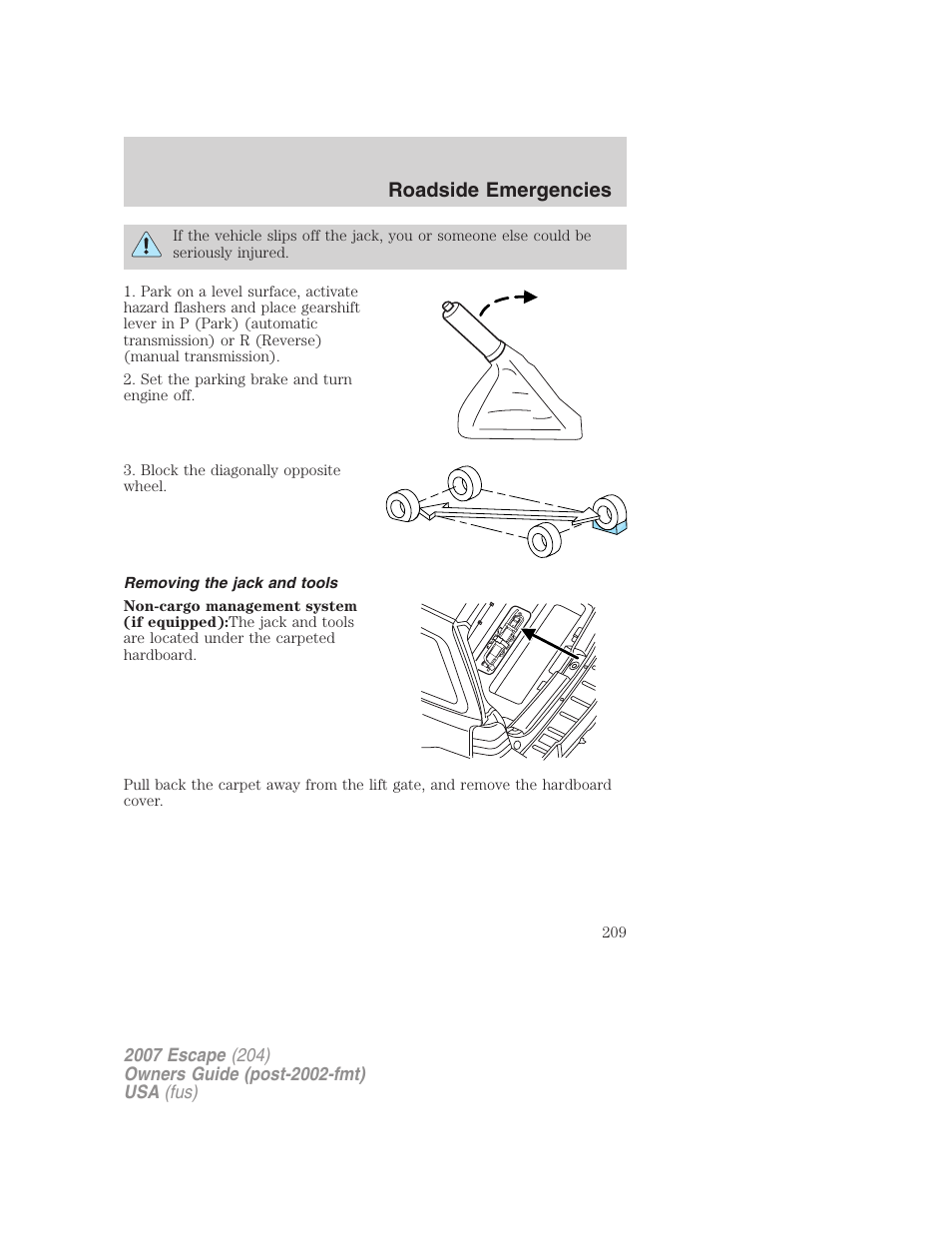 Removing the jack and tools, Roadside emergencies | FORD 2007 Escape v.2 User Manual | Page 209 / 288