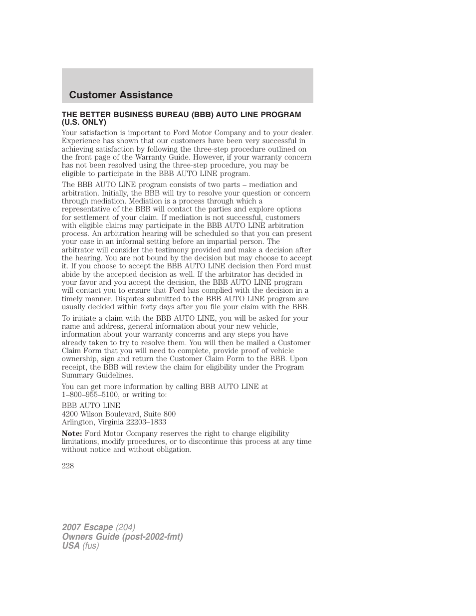 Customer assistance | FORD 2007 Escape v.2 User Manual | Page 228 / 288