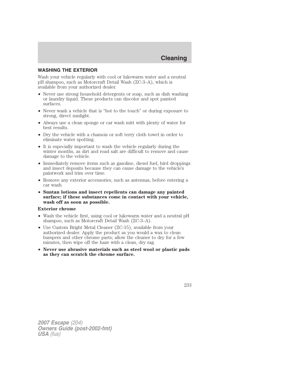 Cleaning, Washing the exterior | FORD 2007 Escape v.2 User Manual | Page 233 / 288