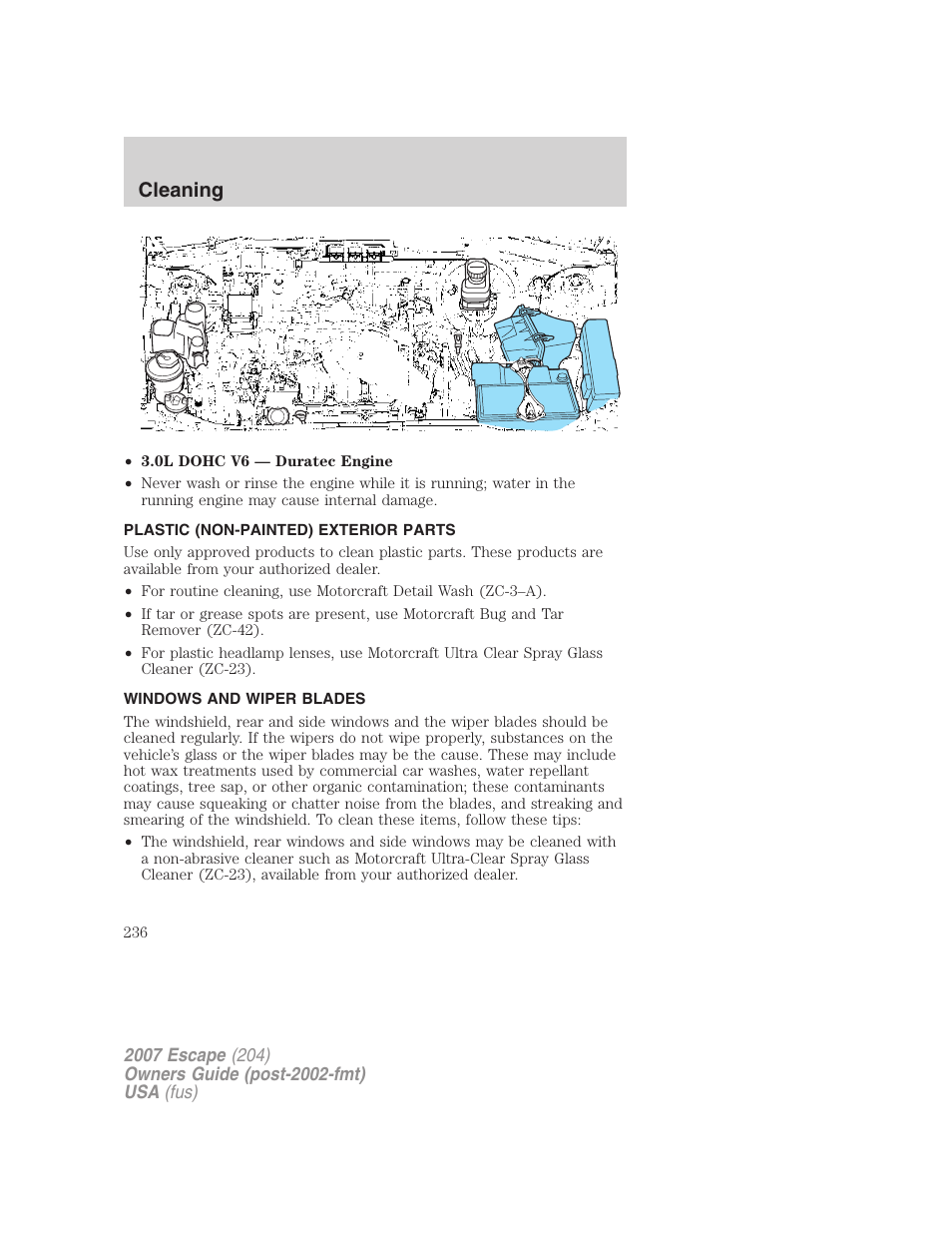 Plastic (non-painted) exterior parts, Windows and wiper blades, Cleaning | FORD 2007 Escape v.2 User Manual | Page 236 / 288