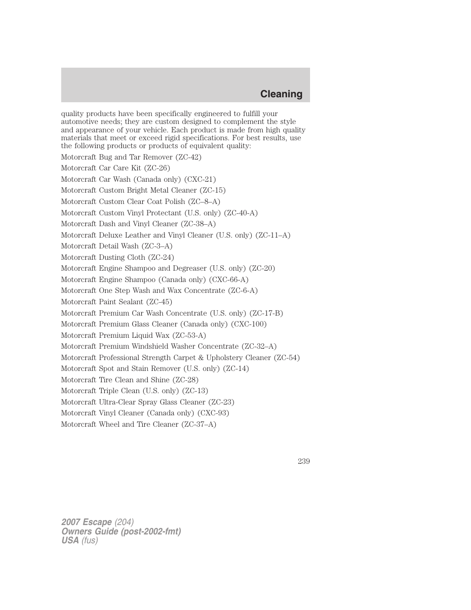 Cleaning | FORD 2007 Escape v.2 User Manual | Page 239 / 288