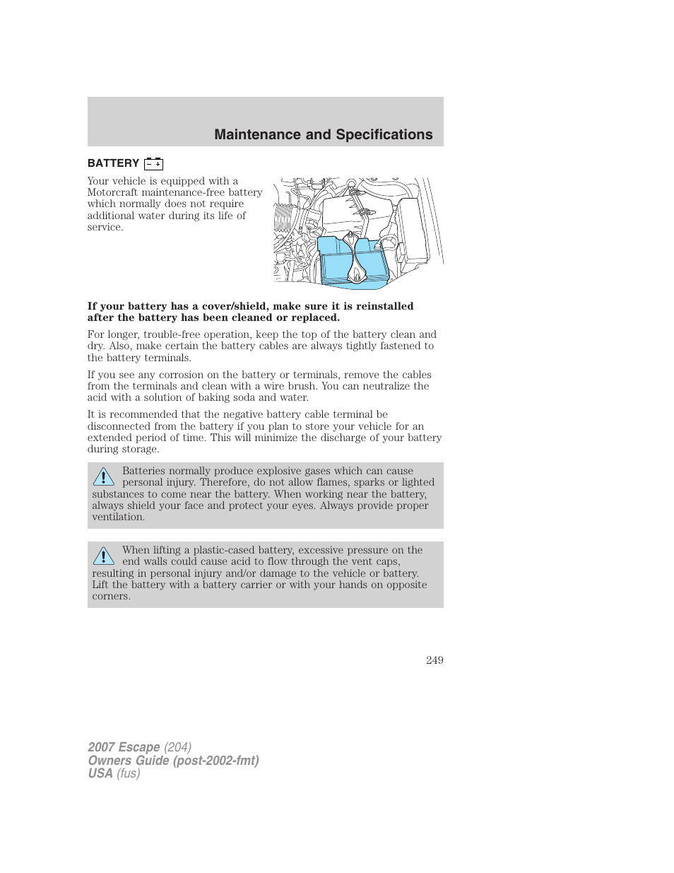 Battery, Maintenance and specifications | FORD 2007 Escape v.2 User Manual | Page 249 / 288