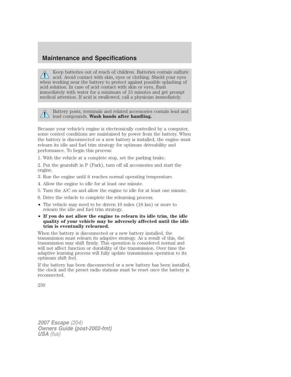 Maintenance and specifications | FORD 2007 Escape v.2 User Manual | Page 250 / 288