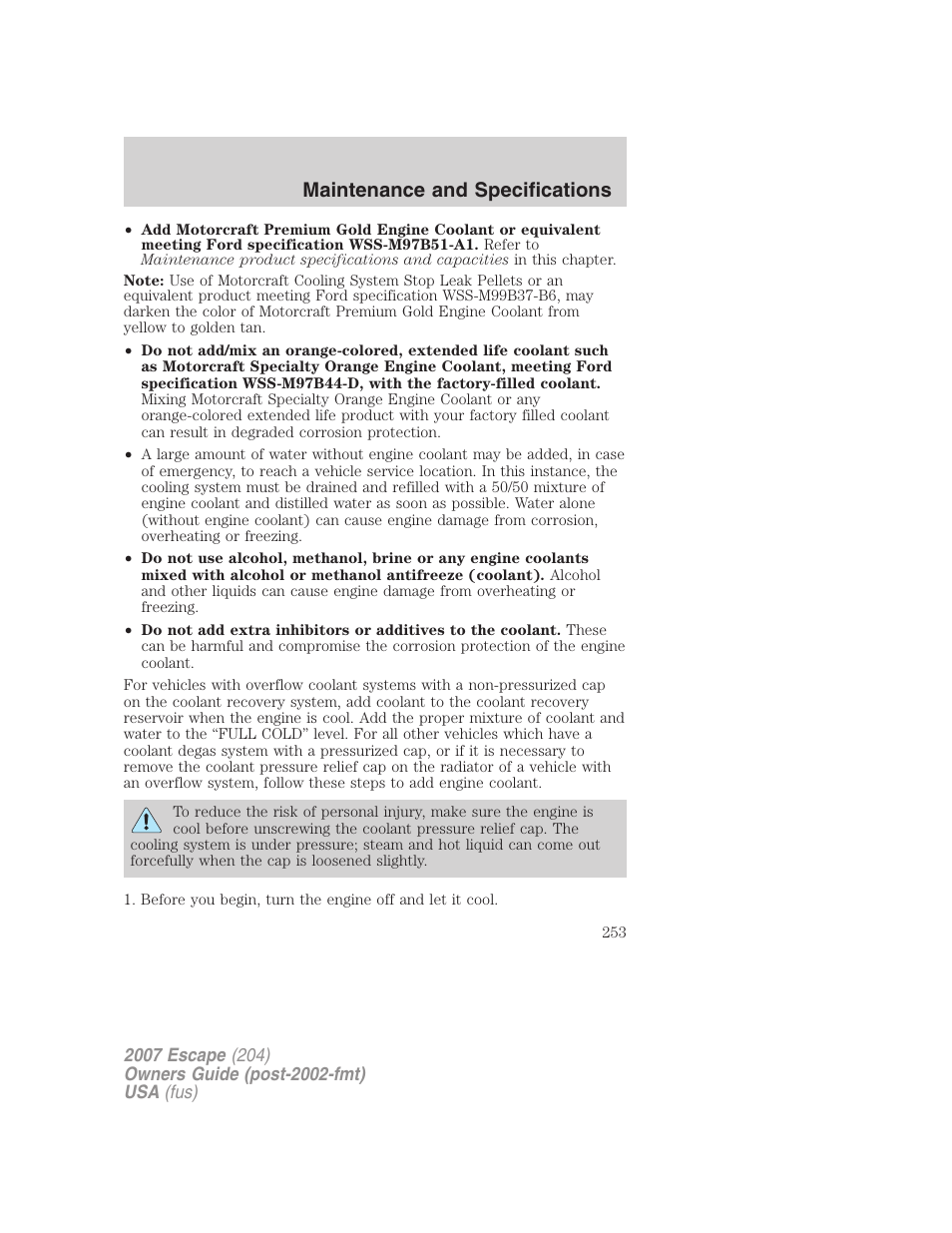 Maintenance and specifications | FORD 2007 Escape v.2 User Manual | Page 253 / 288