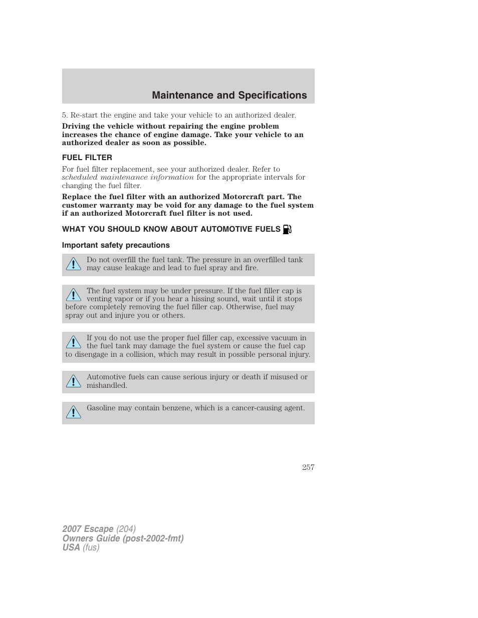 Fuel filter, What you should know about automotive fuels, Important safety precautions | Fuel information, Maintenance and specifications | FORD 2007 Escape v.2 User Manual | Page 257 / 288