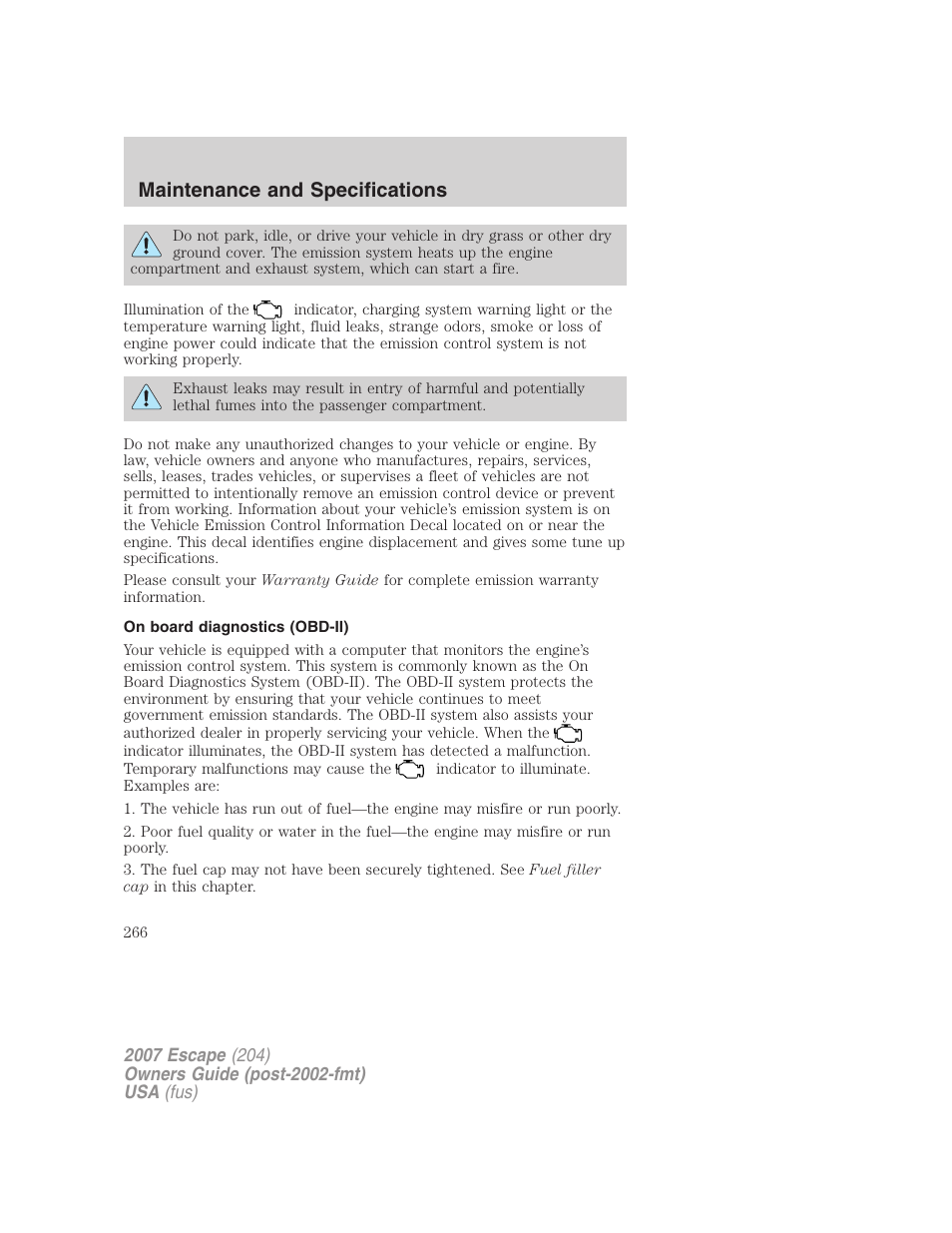 On board diagnostics (obd-ii), Maintenance and specifications | FORD 2007 Escape v.2 User Manual | Page 266 / 288