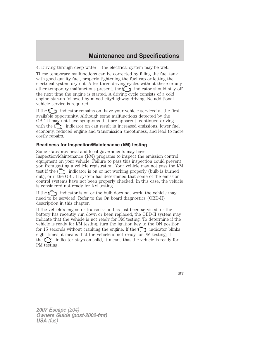 Readiness for inspection/maintenance (i/m) testing, Maintenance and specifications | FORD 2007 Escape v.2 User Manual | Page 267 / 288