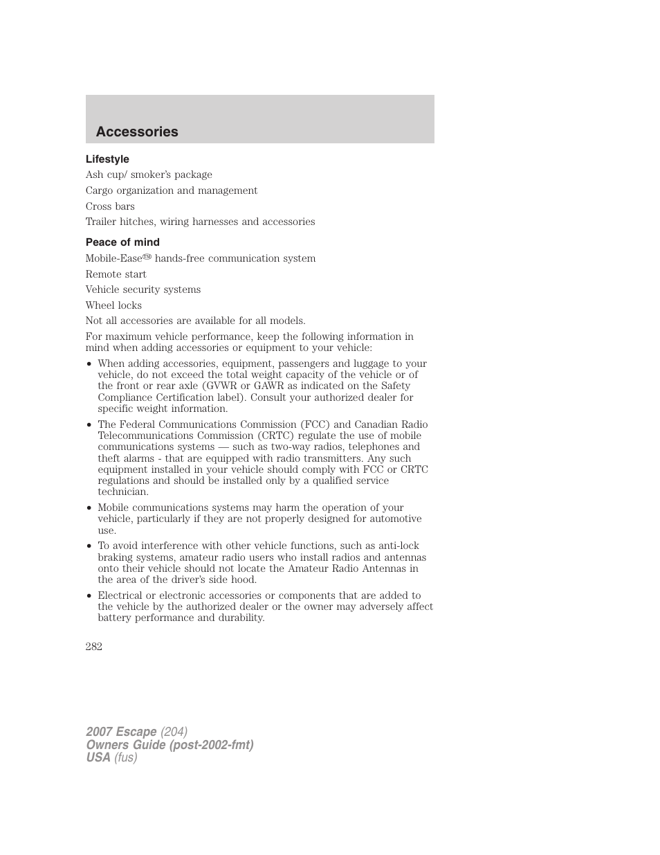 Lifestyle, Peace of mind, Accessories | FORD 2007 Escape v.2 User Manual | Page 282 / 288