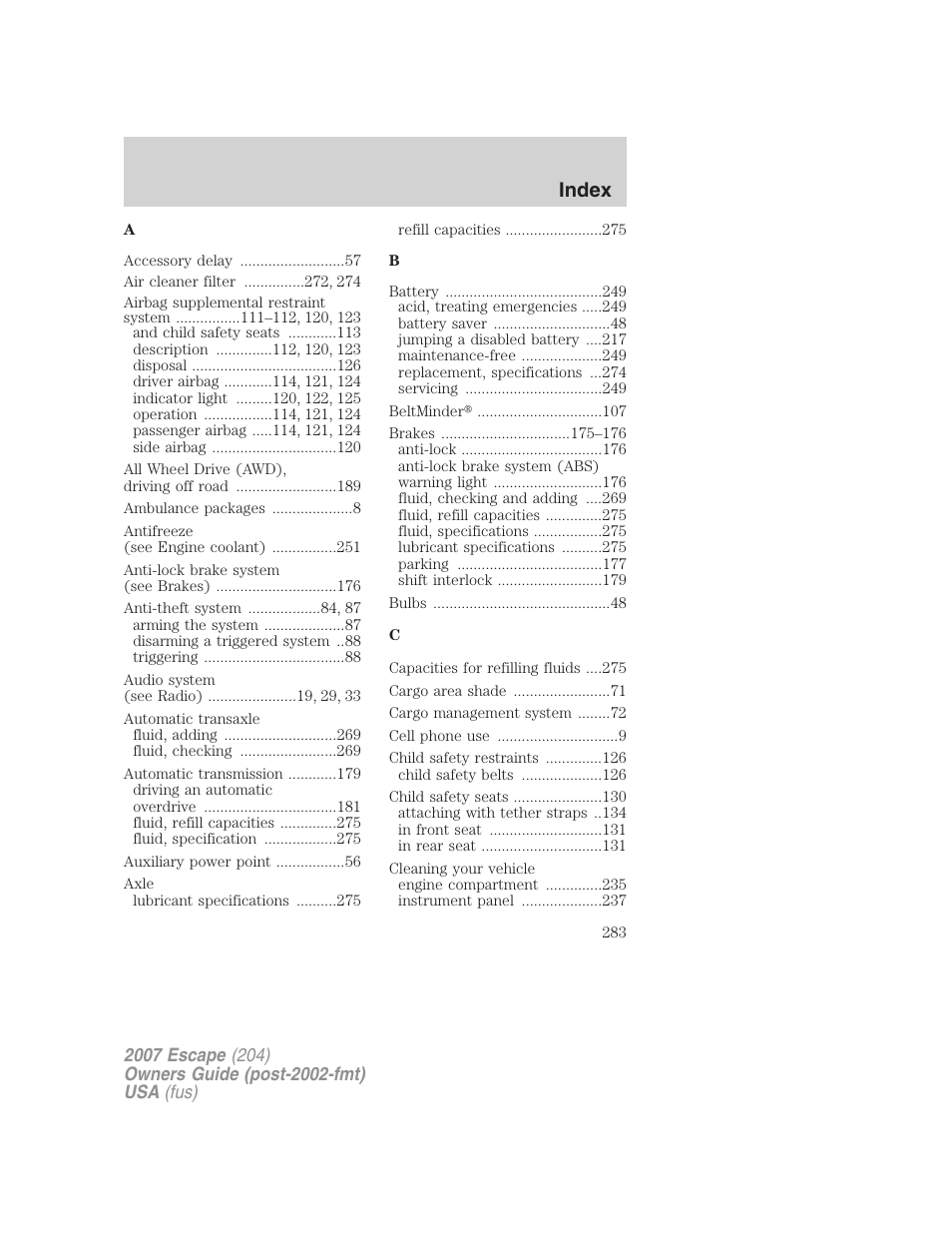 Index | FORD 2007 Escape v.2 User Manual | Page 283 / 288