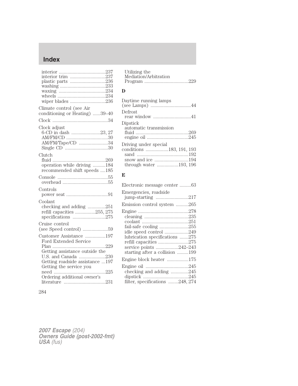 Index | FORD 2007 Escape v.2 User Manual | Page 284 / 288