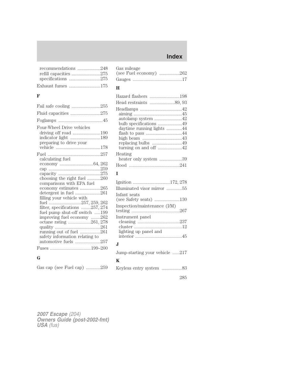 Index | FORD 2007 Escape v.2 User Manual | Page 285 / 288
