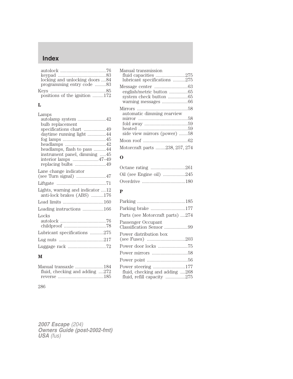 Index | FORD 2007 Escape v.2 User Manual | Page 286 / 288