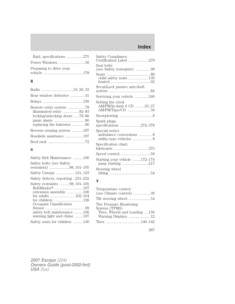 Index | FORD 2007 Escape v.2 User Manual | Page 287 / 288