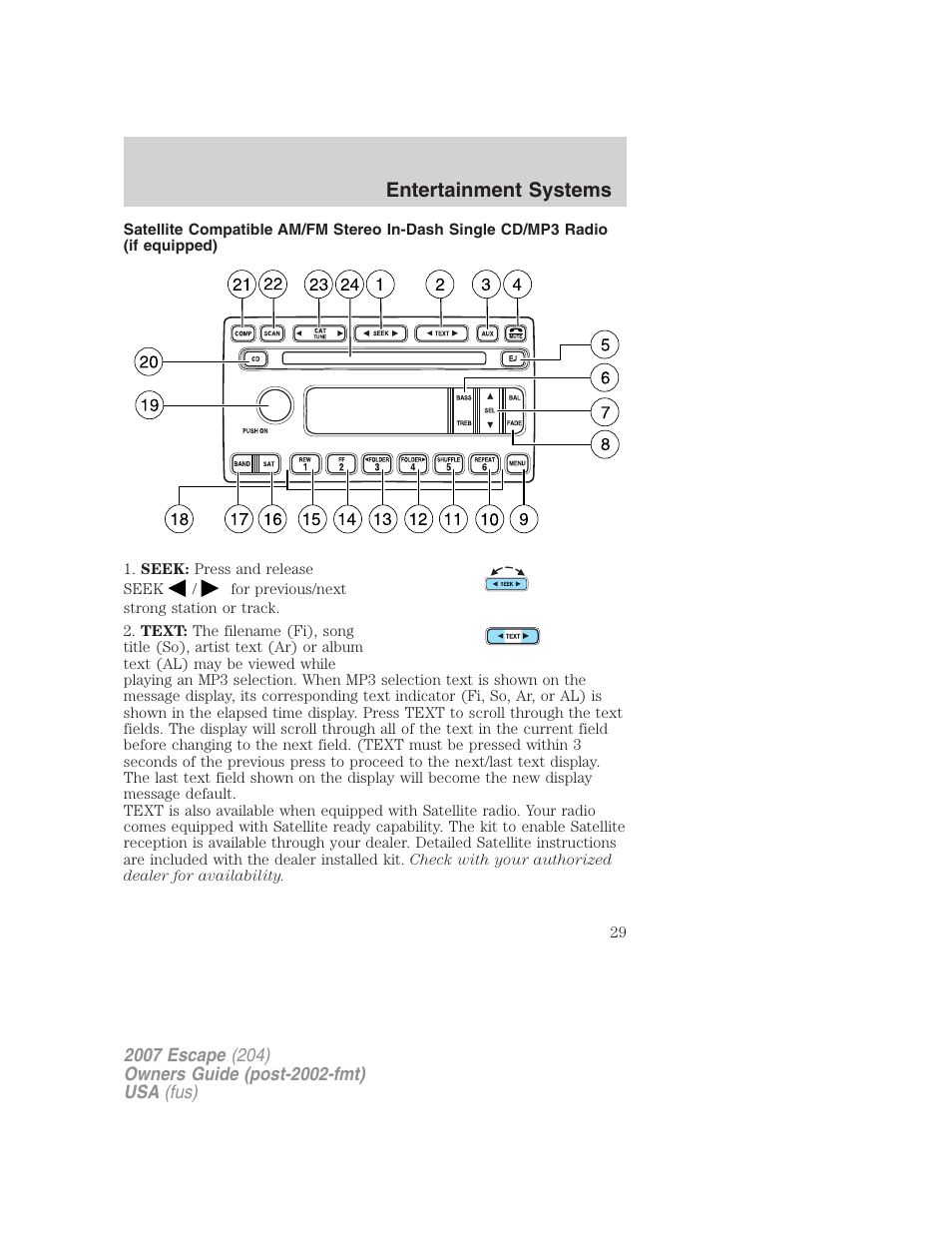 Am/fm stereo with cd/mp3, Entertainment systems | FORD 2007 Escape v.2 User Manual | Page 29 / 288