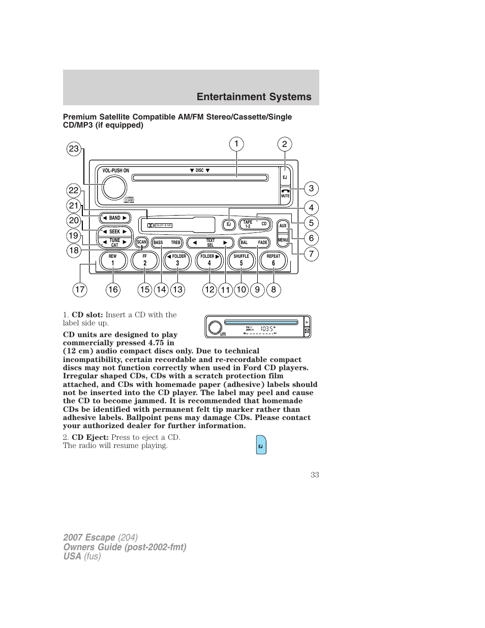 Am/fm stereo cassette with cd, Entertainment systems | FORD 2007 Escape v.2 User Manual | Page 33 / 288