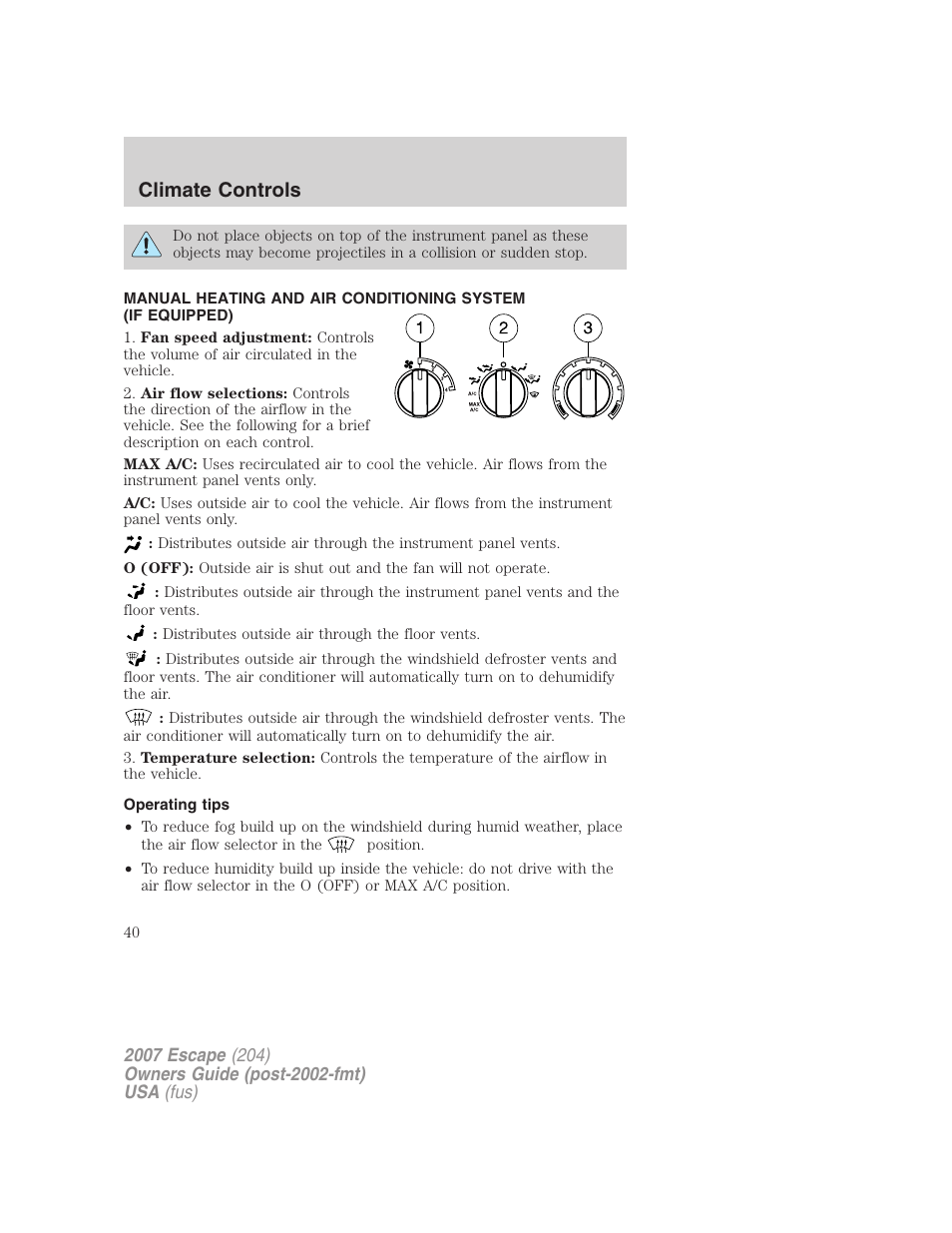 Operating tips, Manual heating and air conditioning, Climate controls | FORD 2007 Escape v.2 User Manual | Page 40 / 288