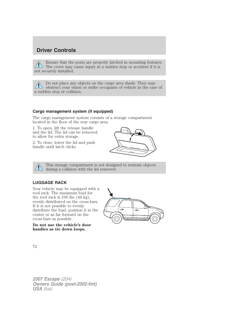 Cargo management system (if equipped), Luggage rack, To adjust the cross-bar (if equipped) position | Driver controls | FORD 2007 Escape v.2 User Manual | Page 72 / 288