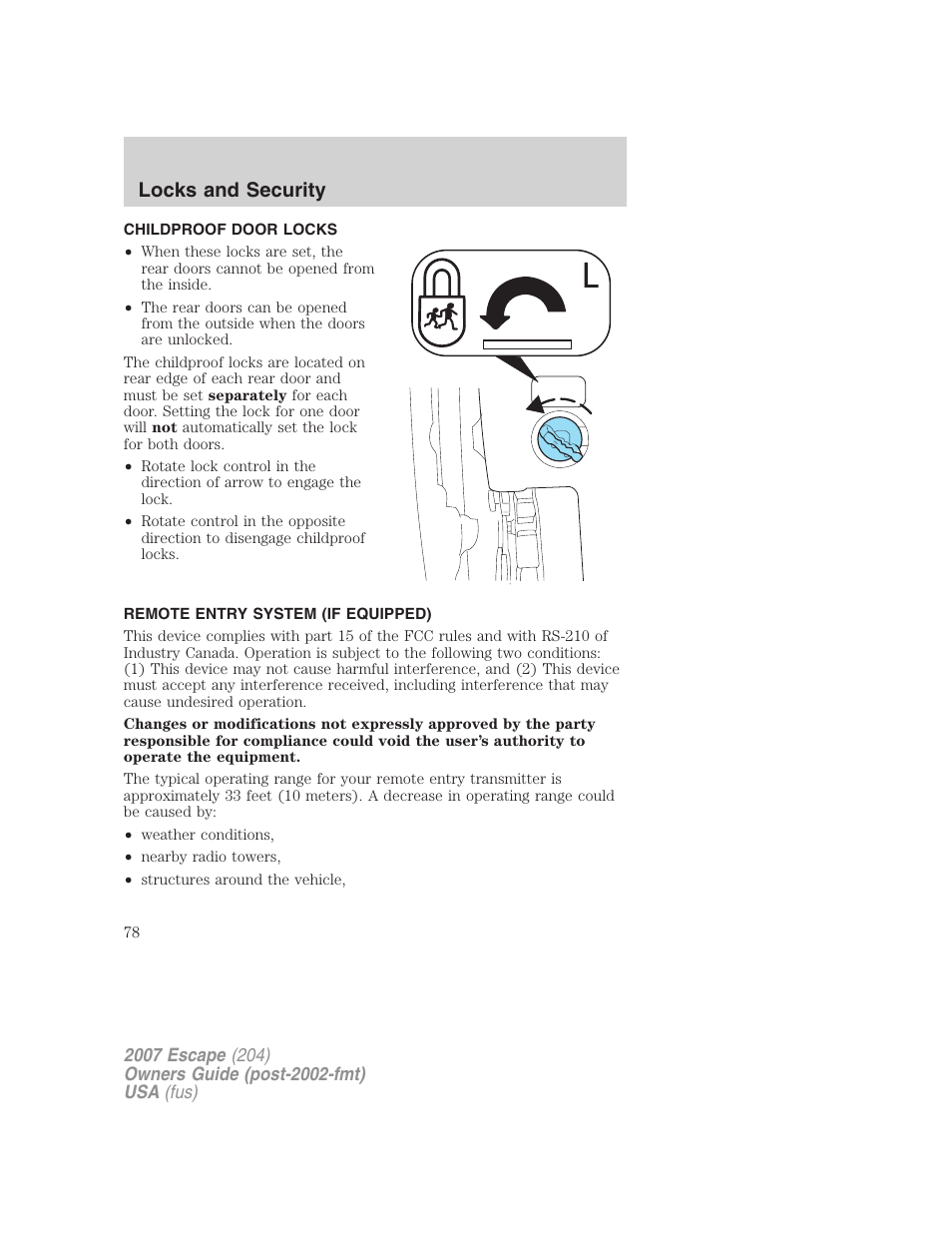 Childproof door locks, Remote entry system (if equipped), Locks and security | FORD 2007 Escape v.2 User Manual | Page 78 / 288