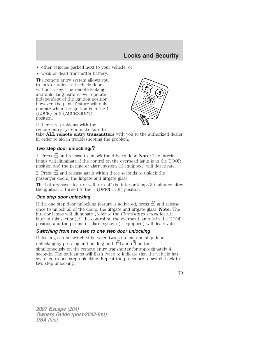 Two step door unlocking, One step door unlocking, Switching from two step to one step door unlocking | Locks and security | FORD 2007 Escape v.2 User Manual | Page 79 / 288