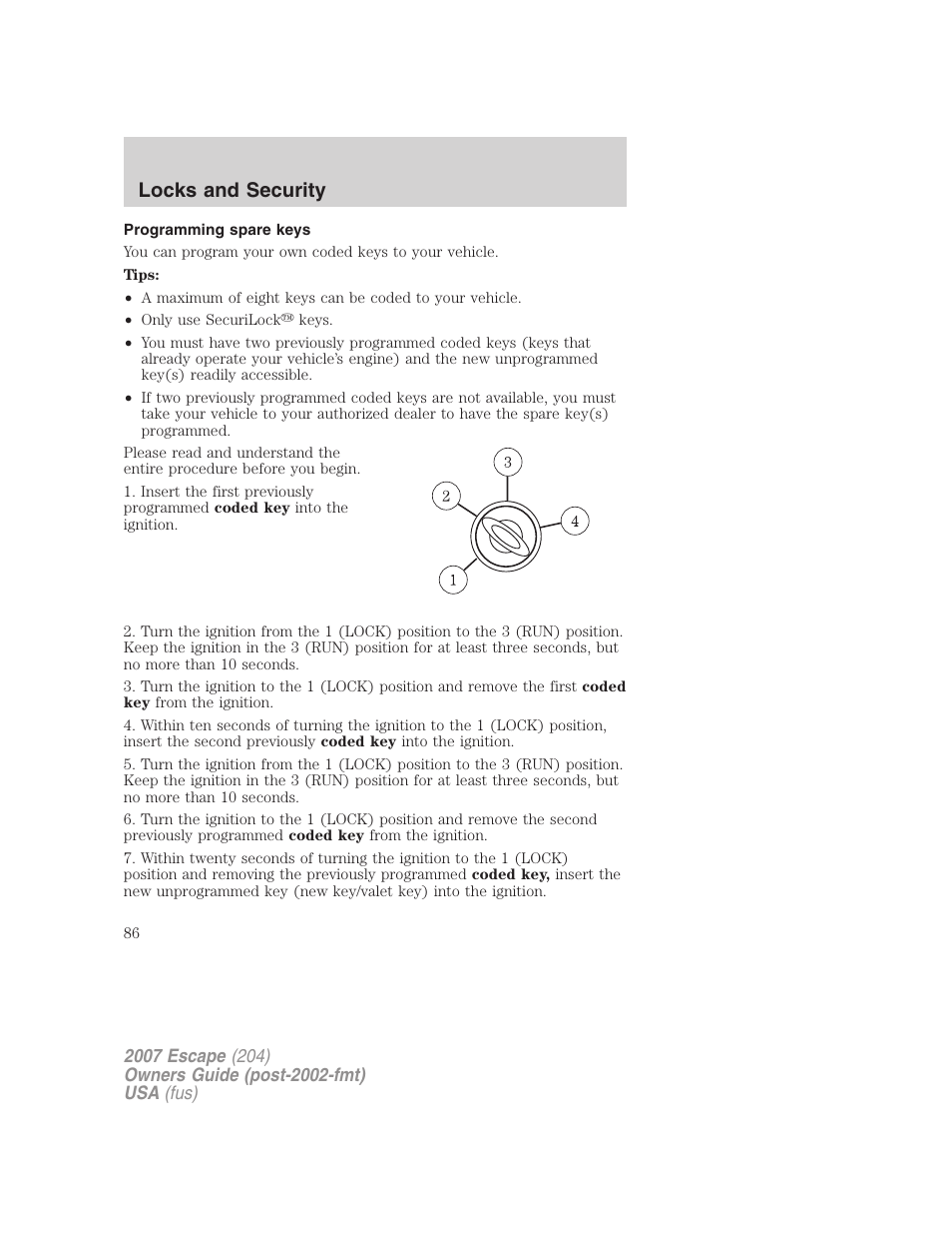 Programming spare keys, Locks and security | FORD 2007 Escape v.2 User Manual | Page 86 / 288