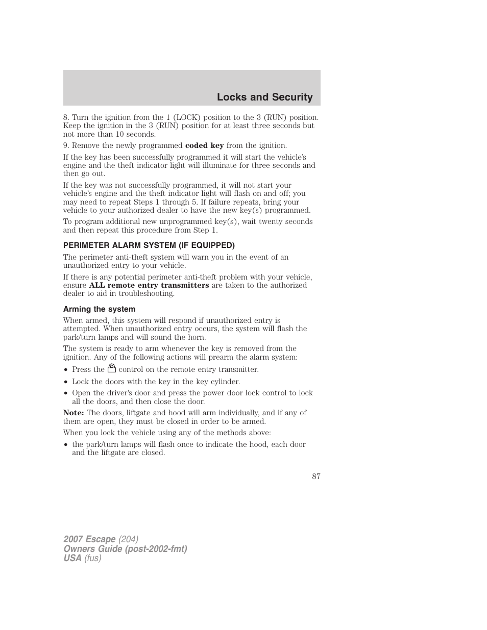 Perimeter alarm system (if equipped), Arming the system, Locks and security | FORD 2007 Escape v.2 User Manual | Page 87 / 288